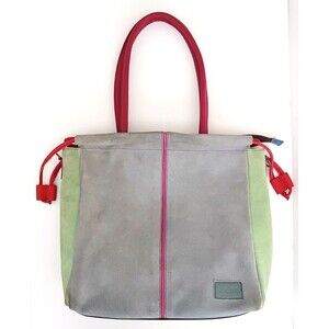 Soruka Color Block Suede Tote Lt & Dark Gray/ Lt Green Red Leather Trim 12x4x13